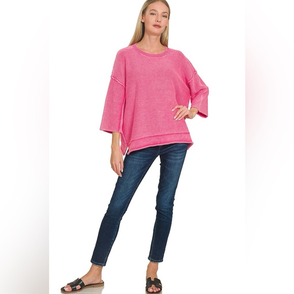 Zenana Washed 3/4 Sleeve Boxy Sweater - Picture 3 of 4